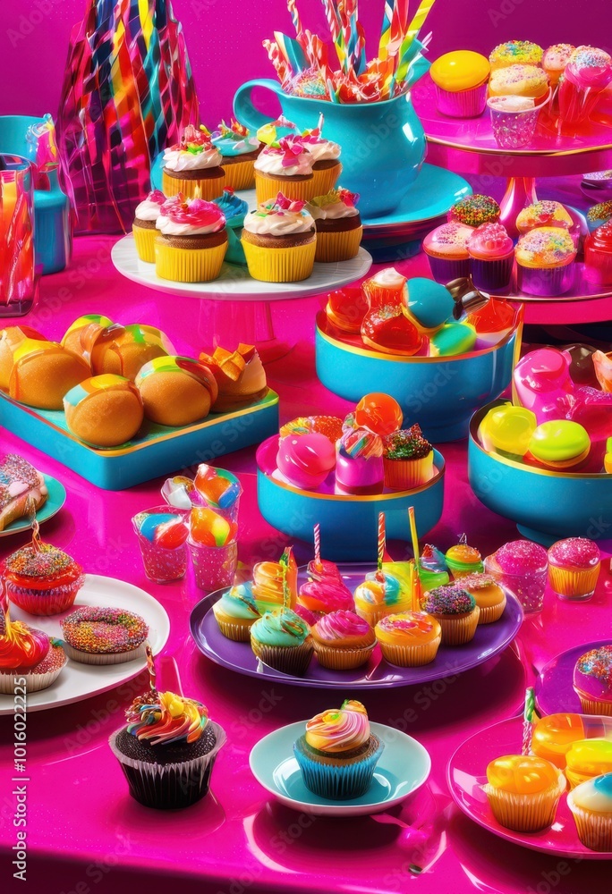 Naklejka premium vibrant junk food spread colorful tableware bright eye catching delicious treats arranged visually appealing feast, plates, snacks, burgers, fries