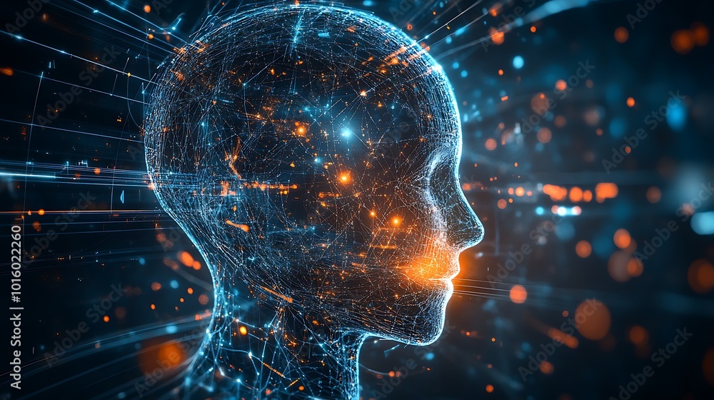 Digital human face representing artificial intelligence with modern technological elements Digital human face representing artificial intelligence with modern technological elements
