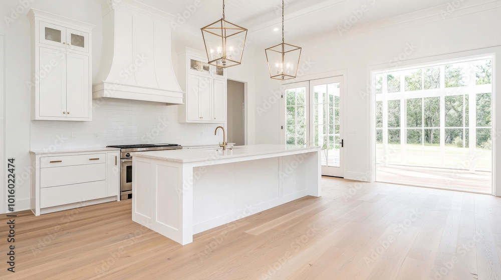 Modern kitchen design features spacious layout with an island, elegant pendant lights, and large windows that invite natural light. white cabinetry and wooden flooring create warm, inviting atmosphere Modern kitchen design features spacious layout with an island, elegant pendant lights, and large windows that invite natural light. white cabinetry and wooden flooring create warm, inviting atmosphere