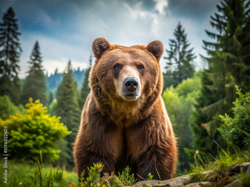Fototapeta premium Majestic grizzly bear standing in lush green forest, surrounded by trees and nature. bears powerful presence evokes sense of awe and respect for wildlife