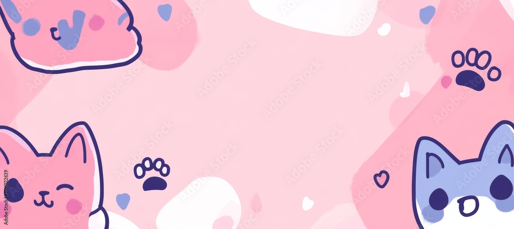 Cute Pink Pattern With Kawaii Cat Faces, Paws, And Hearts. Abstract Graphic Design Template Banner. Cute Pink Pattern With Kawaii Cat Faces, Paws, And Hearts. Abstract Graphic Design Template Banner.