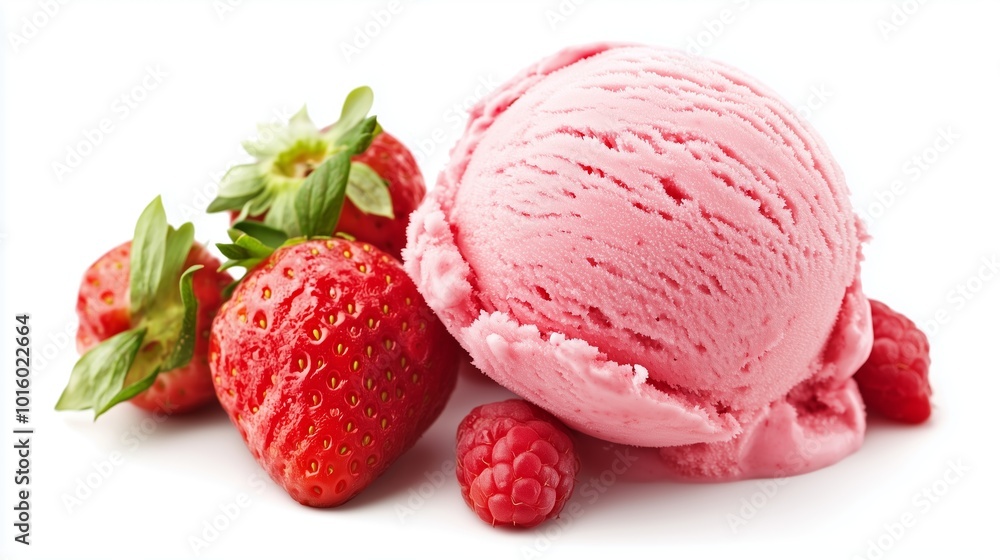 Delicious scoop of strawberry ice cream garnished with fresh strawberries and raspberries on a white background Delicious scoop of strawberry ice cream garnished with fresh strawberries and raspberries on a white background
