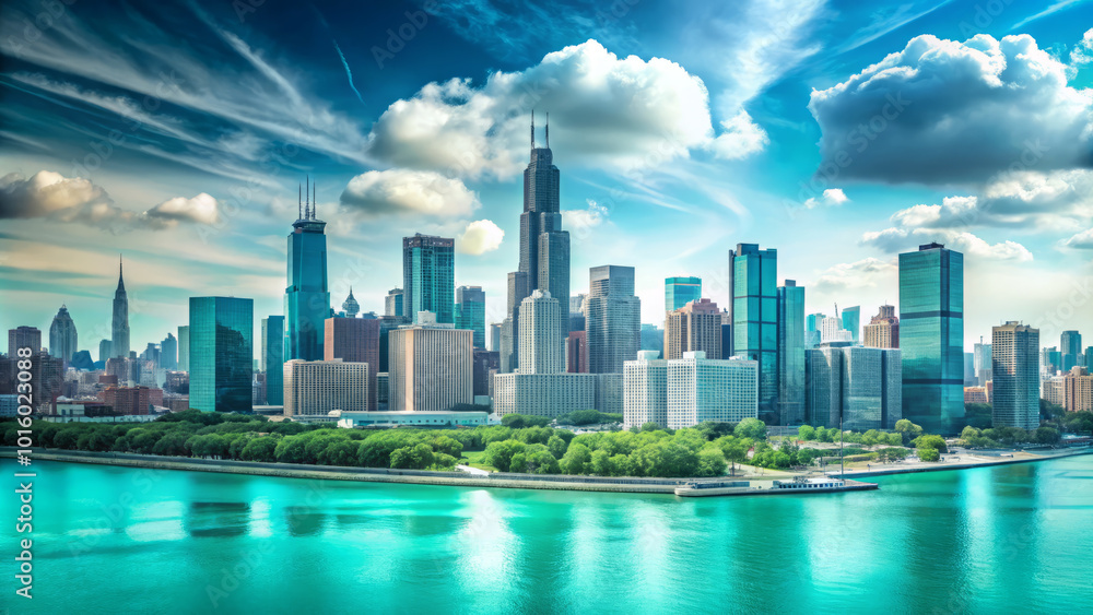 Naklejka premium stunning view of Chicago skyline featuring modern skyscrapers and vibrant blue river. scene captures essence of urban life with beautiful sky and lush greenery