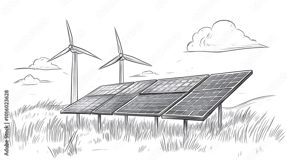 Hand drawn sketch of solar panels and wind turbines representing ...