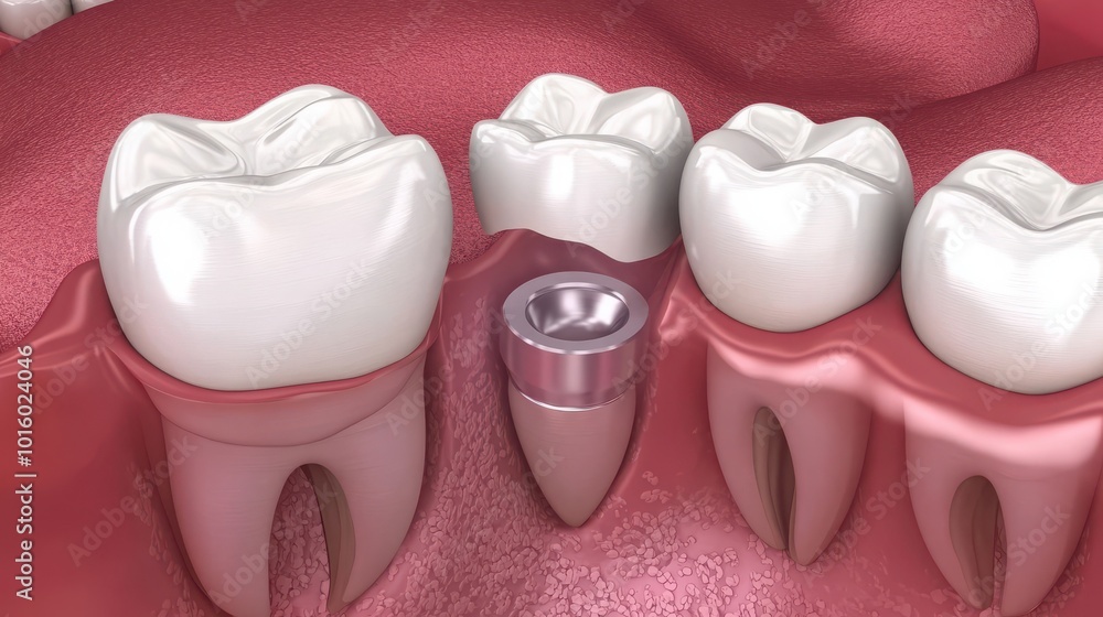 A 3D illustration depicting the process of placing a dental crown over a tooth, emphasizing the crown's design and how it securely fits onto the tooth A 3D illustration depicting the process of placing a dental crown over a tooth, emphasizing the crown's design and how it securely fits onto the tooth