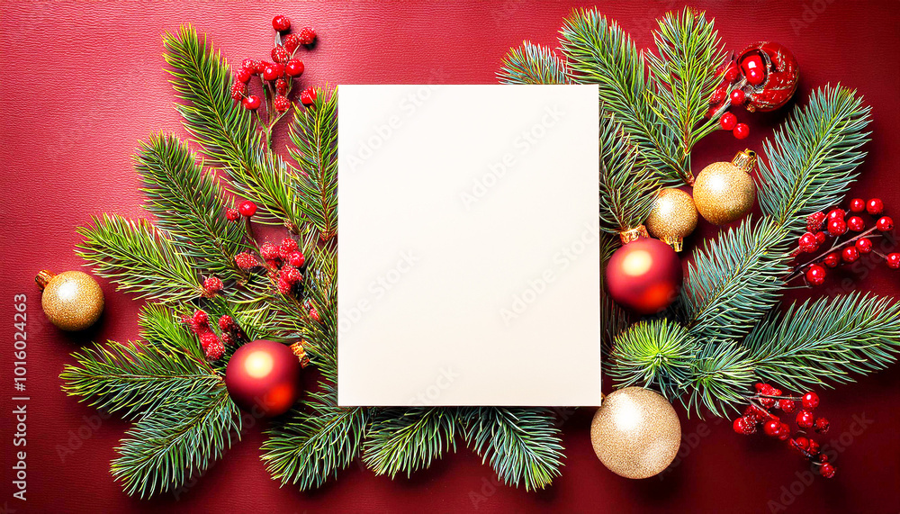 A blank Christmas card is elegantly placed at the center of a festive arrangement. Surrounding the card are lush green pine branches, Christmas greeting card, holiday greeting card designs A blank Christmas card is elegantly placed at the center of a festive arrangement. Surrounding the card are lush green pine branches, Christmas greeting card, holiday greeting card designs