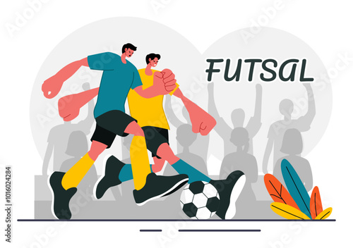 Futsal, Soccer, or Football Vector Illustration Featuring Players Shooting and Dribbling the Ball in a Championship Sports Scene with a Background