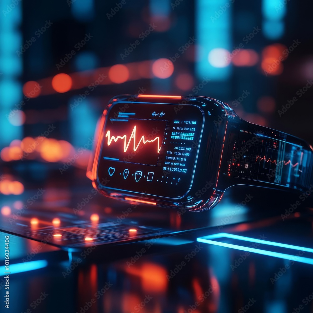 AI-enhanced wearable technology, monitoring health, futuristic urban setting AI-enhanced wearable technology, monitoring health, futuristic urban setting