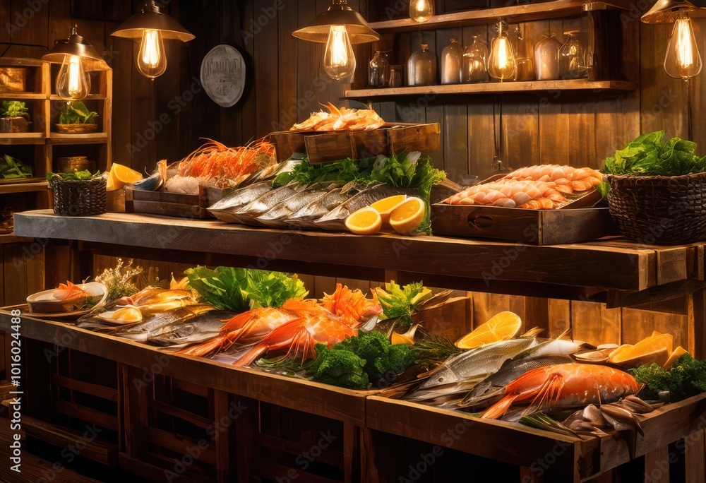 Obraz premium vibrant close fresh seafood displaying raw ingredients rich textures glossy surfaces, fish, shrimp, octopus, crab, clam, lobster, shellfish, mussel