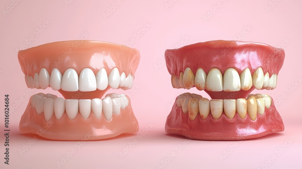 A realistic depiction of a set of isolated teeth, illustrating both clean and dirty versions, emphasizing the role of dental hygiene in preventing bacterial buildup and maintaining oral health A realistic depiction of a set of isolated teeth, illustrating both clean and dirty versions, emphasizing the role of dental hygiene in preventing bacterial buildup and maintaining oral health
