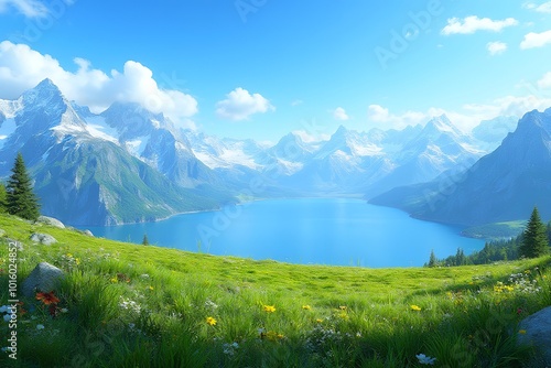 Breathtaking mountain lake in Switzerland with verdant hillside backdrop