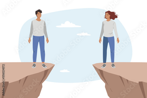 Love at distance between man and woman feeling stressed and standing on different rocks. Love at distance is demonstrated by young couple maintaining relationship during business trip or emigration