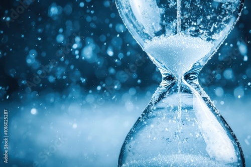 Close-up of an hourglass with flowing sand, against a blue background with sparkling effects. photo