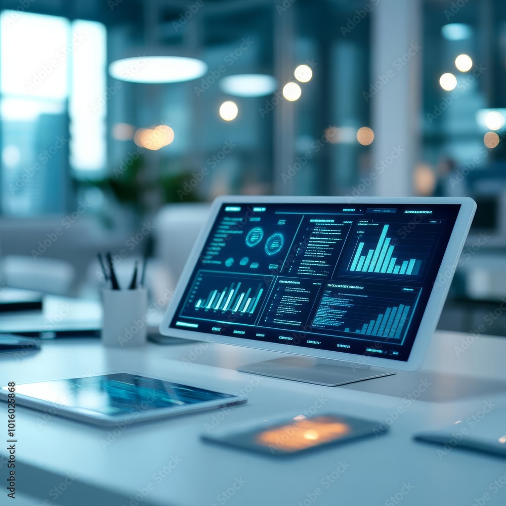 AI-powered digital marketing, holographic dashboard, modern office setup AI-powered digital marketing, holographic dashboard, modern office setup