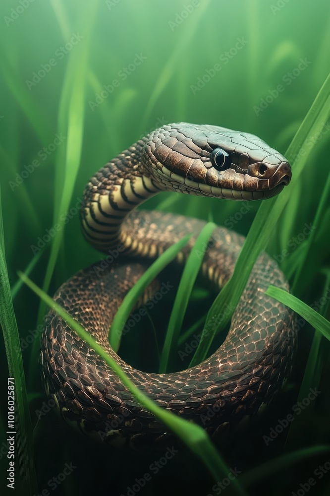 Obraz premium A close-up of a snake coiled in lush green grass, showcasing its intricate scales and vibrant colors.