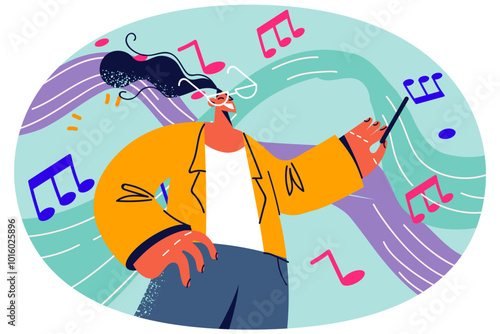 Smiling woman with baton play music