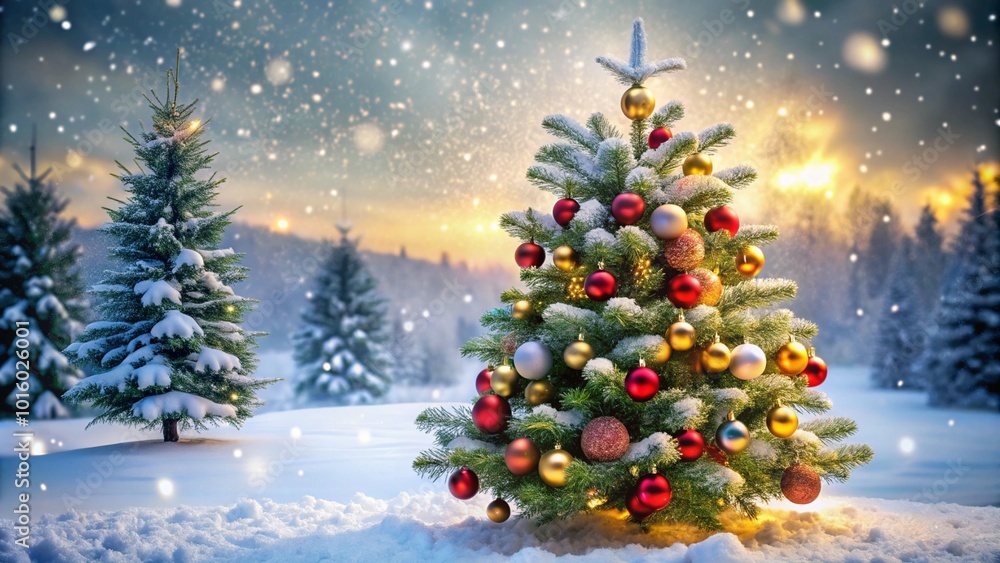 Obraz premium A beautifully decorated Christmas tree stands outdoors in a snowy landscape, adorned with red and gold ornaments. Snow gently falls, creating a peaceful and festive winter wonderland scene.