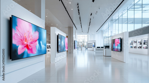 Modern electronics store featuring wall mounted OLED TVs displaying vibrant floral images. sleek, minimalist design enhances visual appeal of technology on display
