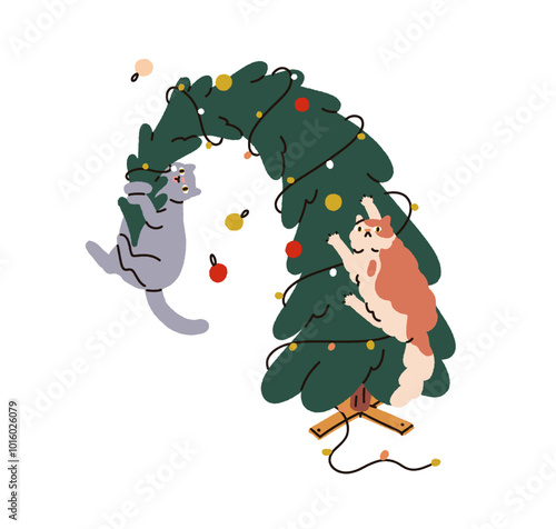 Naughty cats climbing Christmas fir tree, festive chaos with falling Xmas baubles. Funny kitties playing with decorations, feline holiday mess. Flat vector illustration isolated on white background