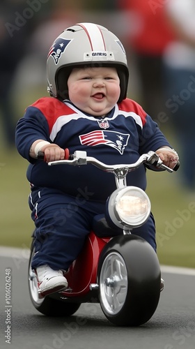 An extremely obese and adorable baby cosplaying as a New England Patriots player, dressed in the team’s red, white, and blue uniform photo