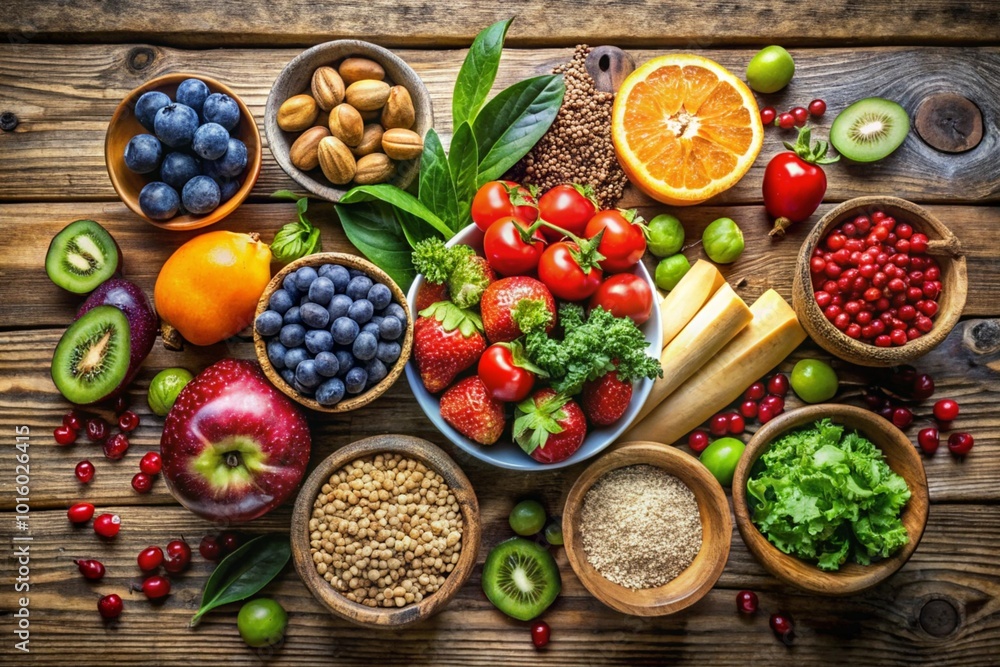 Selection of healthy food on rustic wooden background Selection of healthy food on rustic wooden background