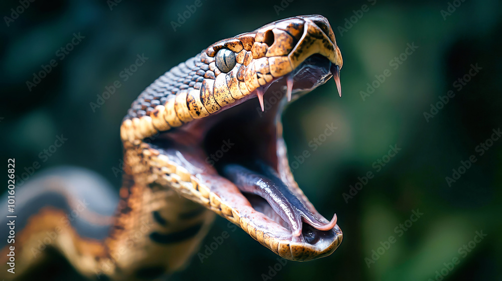 Close-up of a ferocious snake with its mouth open, displaying sharp teeth in a natural setting during daylight hours Close-up of a ferocious snake with its mouth open, displaying sharp teeth in a natural setting during daylight hours