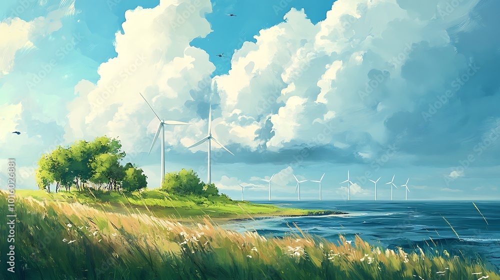 Obraz premium Wind turbines on a blue sea with lush green grass and puffy white clouds.