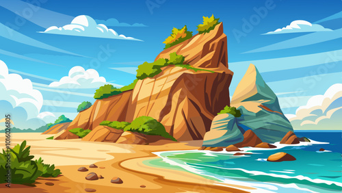 natural rock vector along sandy beach under bright day illustration cartoon , landscape background