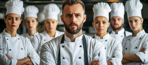 Fototapeta Naklejka Na Ścianę i Meble -  A team of chefs in white uniforms stand in a line with arms crossed in a professional kitchen.