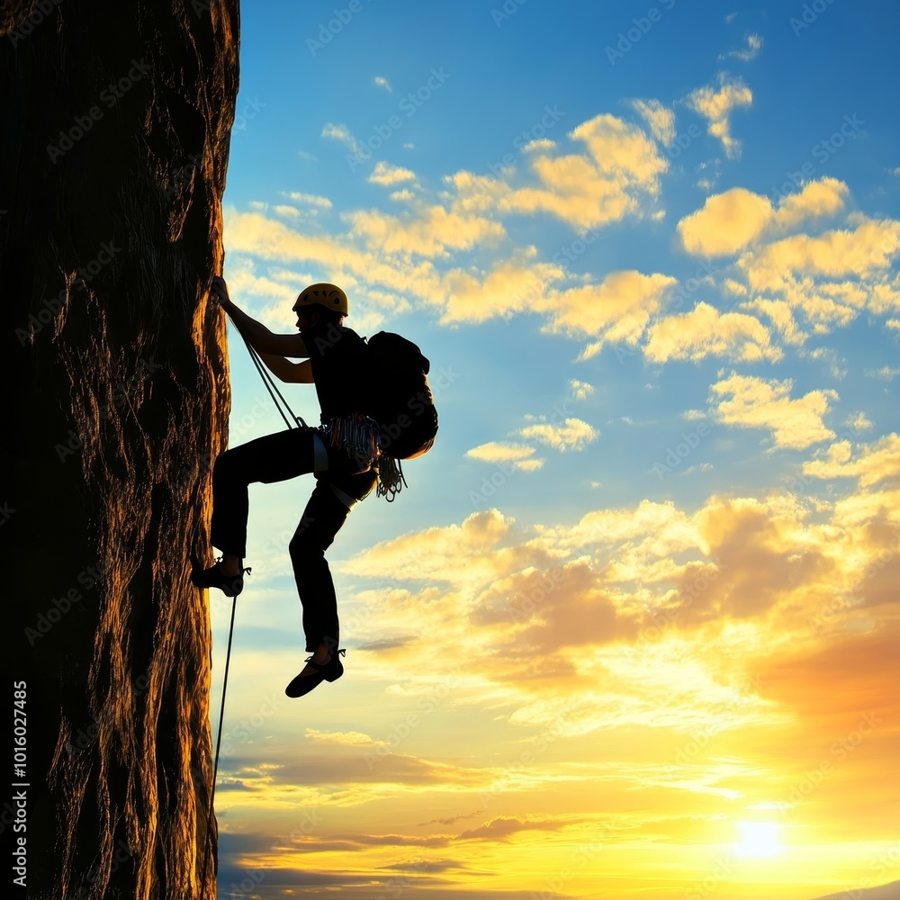 Silhouette of a Determined Climber Ascending a Rocky Cliff Against a Stunning Sunset Background. Silhouette of a Determined Climber Ascending a Rocky Cliff Against a Stunning Sunset Background.