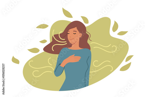 Obraz na płótnie Woman develops mindfulness through meditation in park and enjoying fresh air produced by plants. Girl meditates with eyes closed to increase mindfulness and achieve success in personal life. w salonie