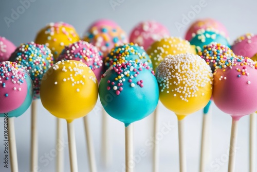 Vivid cake pops showcasing varied pastel hues, adorned with lively sprinkles, capturing a cheerful and joyous essence in their artistic presentation on elegant sticks. photo