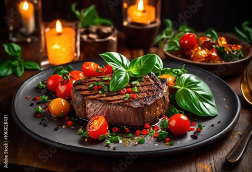 deliciously plated meat vibrant seasoning accents showcasing colorful garnishments culinary artistry, appetizing, barbecue, bite, chef, coating, creativity photo