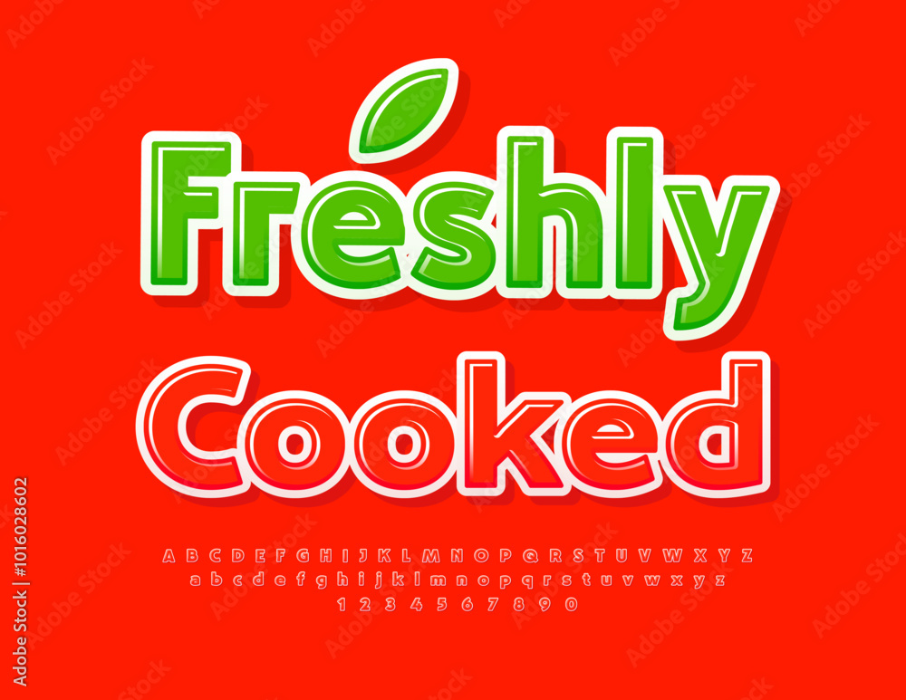 Fototapeta premium Vector advertising badge Freshly Cooked. Bright Creative Font. Red Glossy Alphabet Letters and Numbers set.
