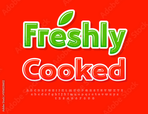 Vector advertising badge Freshly Cooked. Bright Creative Font. Red Glossy Alphabet Letters and Numbers set.