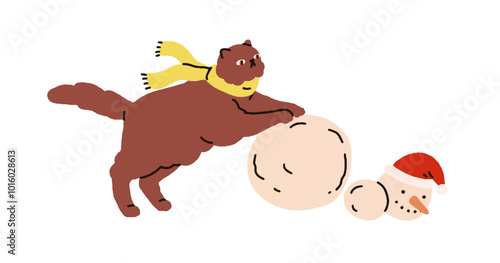 Cute cat building snowman, winter holiday fun. Feline rolling snow, Christmas holiday, outdoor activity. Happy funny kitty, cold season leisure. Flat vector illustration isolated on white background