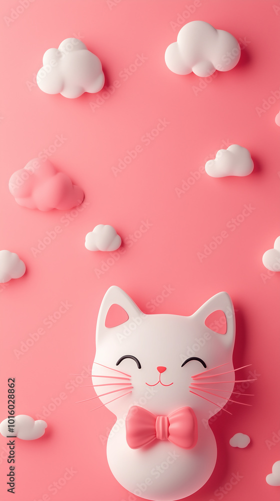 Cute Cartoon Cat with Pink Bowtie and Clouds on Pink Background. Cute Cartoon Cat with Pink Bowtie and Clouds on Pink Background.