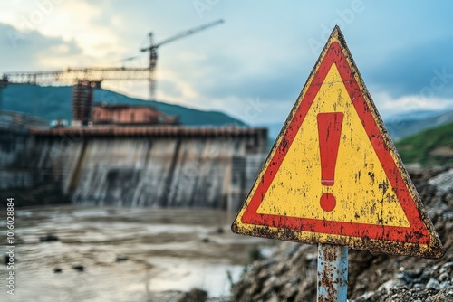 A warning sign at the forefront of an industrial construction site near a dam, emphasizing the ongoing engineering work and the importance of safety precautions.