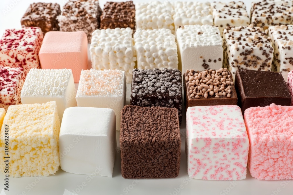 A diverse selection of square marshmallows, each featuring distinct textures and colors, emphasizes creativity and gourmet delight in a playful yet refined presentation style. A diverse selection of square marshmallows, each featuring distinct textures and colors, emphasizes creativity and gourmet delight in a playful yet refined presentation style.