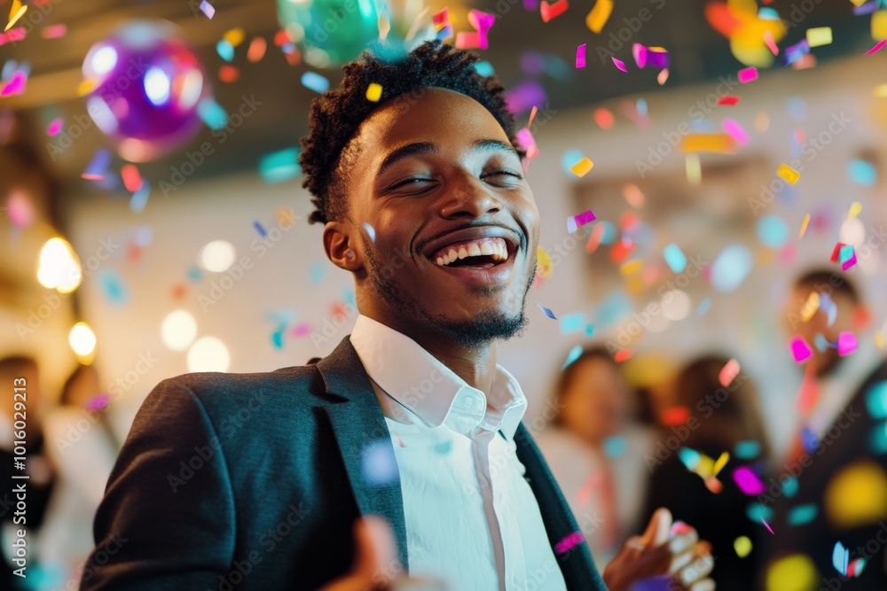 A joyful man in a suit, surrounded by a burst of colorful confetti, exudes happiness and celebration, marking a memorable occasion with a big smile. A joyful man in a suit, surrounded by a burst of colorful confetti, exudes happiness and celebration, marking a memorable occasion with a big smile.