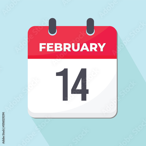 14 February Daily Calendar Icon 3d style red and white with light blue background