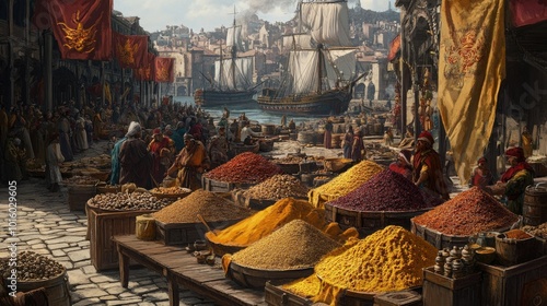 Vibrant marketplace bustling with spices and ships in harbor