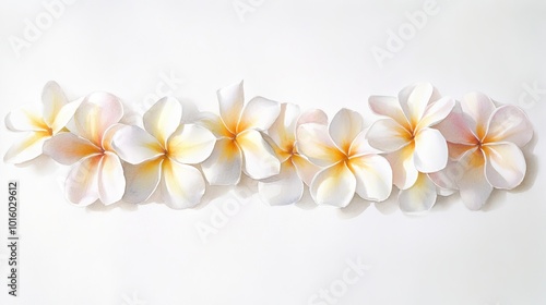 Delicate white and yellow plumeria flowers arranged horizontally on a light background, showcasing nature's beauty and elegance