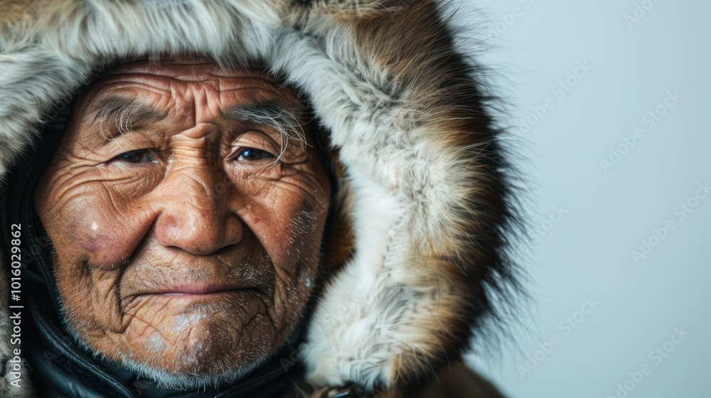 Close-up portrait of an elderly man wearing a fur-lined hooded jacket Close-up portrait of an elderly man wearing a fur-lined hooded jacket
