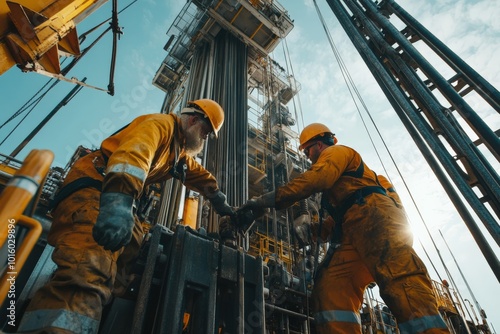 Two diligent workers in protective gear collaborate on an oil drilling platform, emphasizing teamwork and dedication amidst the complex layers of machinery. photo