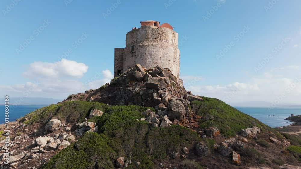 Historic Torre di San Marco stands majestically along the coastline. Surrounded by picturesque views of the sea and lush landscapes, this iconic tower reflects the rich heritage of Sardinia, Italy. Historic Torre di San Marco stands majestically along the coastline. Surrounded by picturesque views of the sea and lush landscapes, this iconic tower reflects the rich heritage of Sardinia, Italy.