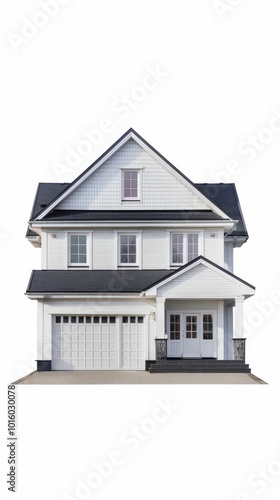 Modern two-story house with a garage and white exterior located in a suburban neighborhood on a sunny day