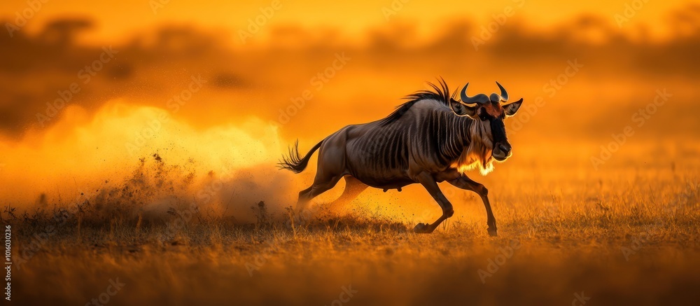 A wildebeest runs through the savanna at sunset, kicking up dust as it moves. A wildebeest runs through the savanna at sunset, kicking up dust as it moves.