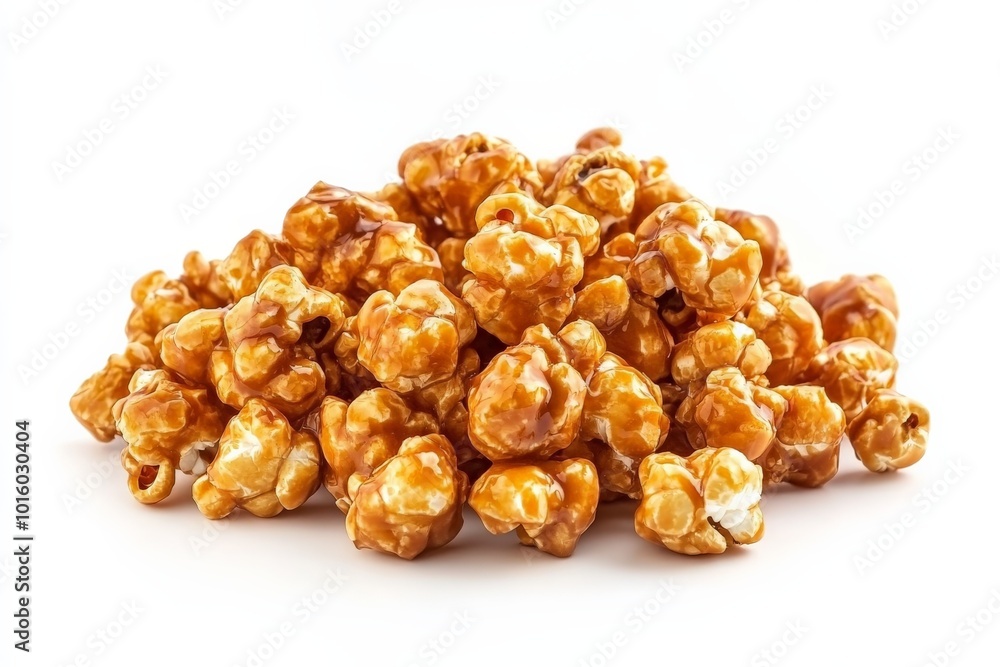 A shiny mound of caramel popcorn sits atop a pure white expanse, offering a close-up view of glossy bites of this sweet, crunchy delight perfect for any snack lover. A shiny mound of caramel popcorn sits atop a pure white expanse, offering a close-up view of glossy bites of this sweet, crunchy delight perfect for any snack lover.