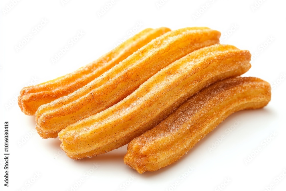 A neat stack of sugar-coated golden churros sits enticingly on a white background, highlighting their crunchy texture and inviting appearance for sweet lovers. A neat stack of sugar-coated golden churros sits enticingly on a white background, highlighting their crunchy texture and inviting appearance for sweet lovers.